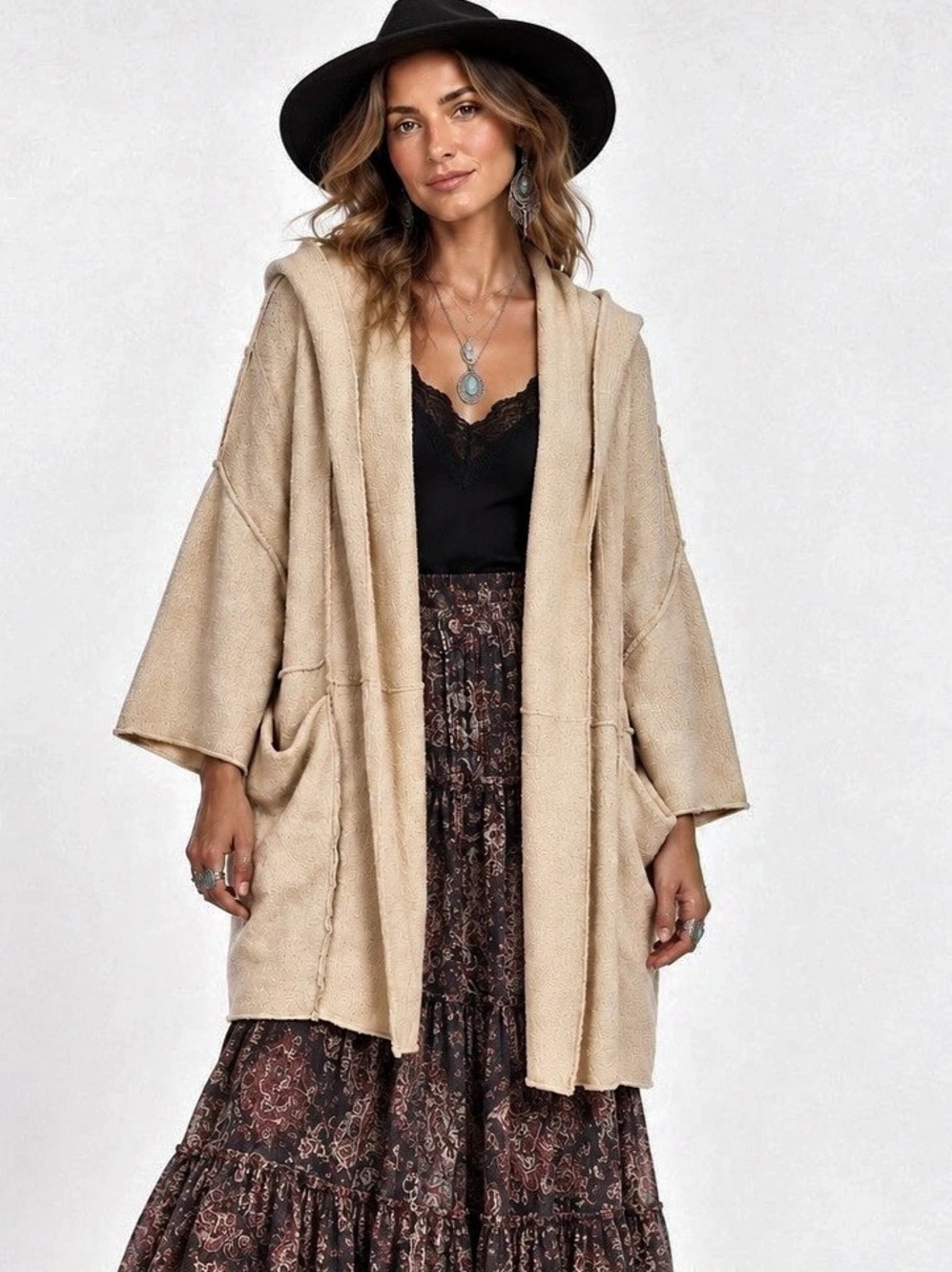 Free People Cream Wool-Blend Oversized Hooded Cocoon Cardigan – XS/S Like New
